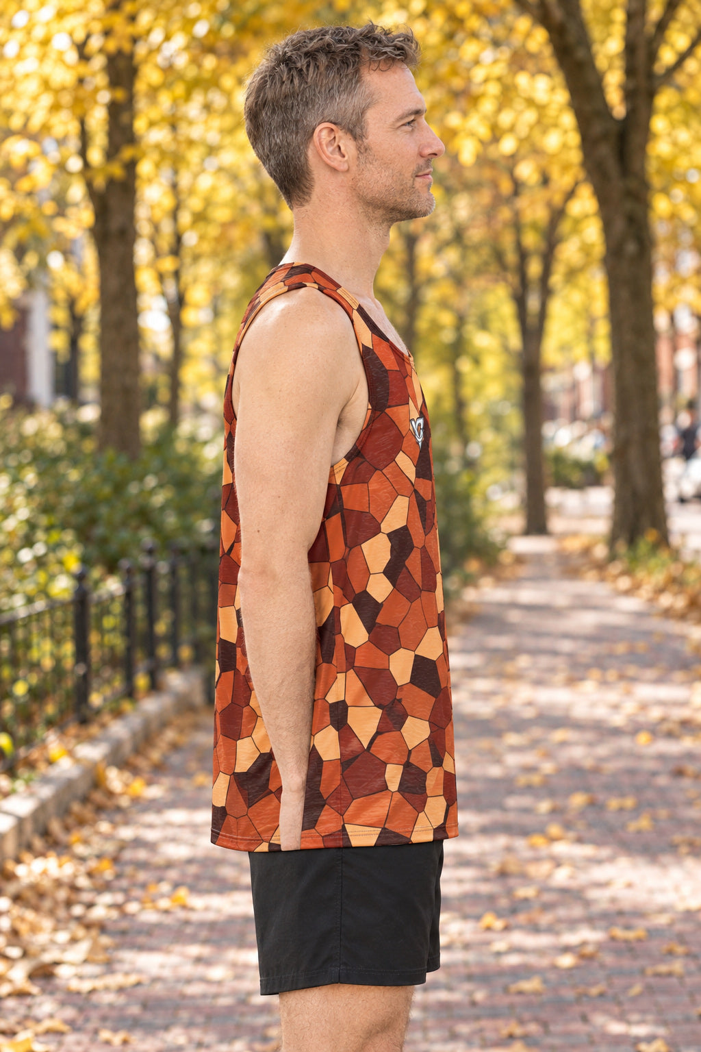 Auburn Mosaic Men's Athletic Tank, AI-generated side-profile product mockup on a fictional adult model
