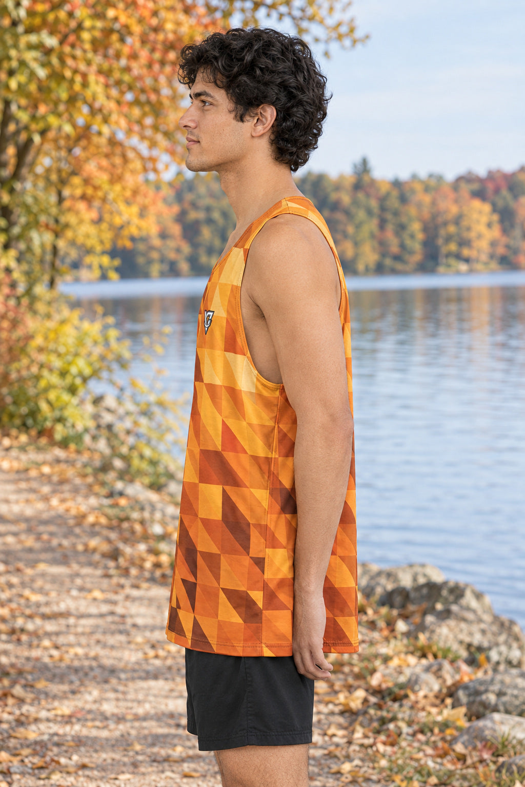 Golden Hour Low-Poly Men's Athletic Tank, AI-generated side-profile product mockup on a fictional adult model