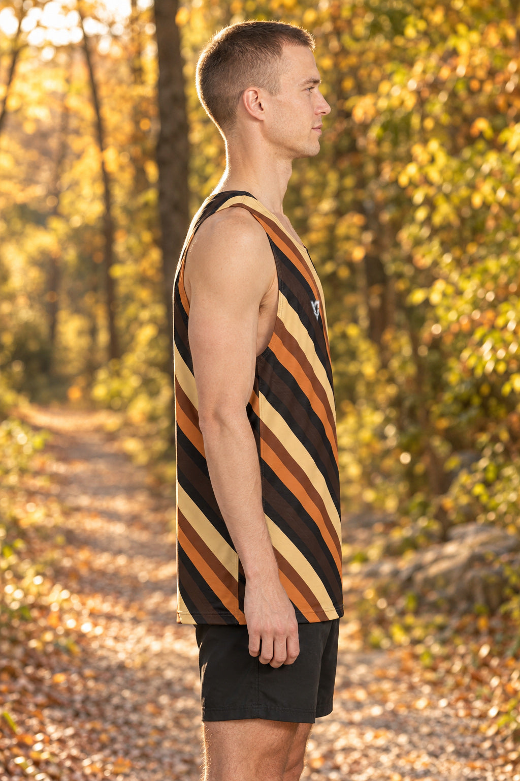 Copper Stripe Men's Athletic Tank, AI-generated side-profile product mockup on a fictional adult model