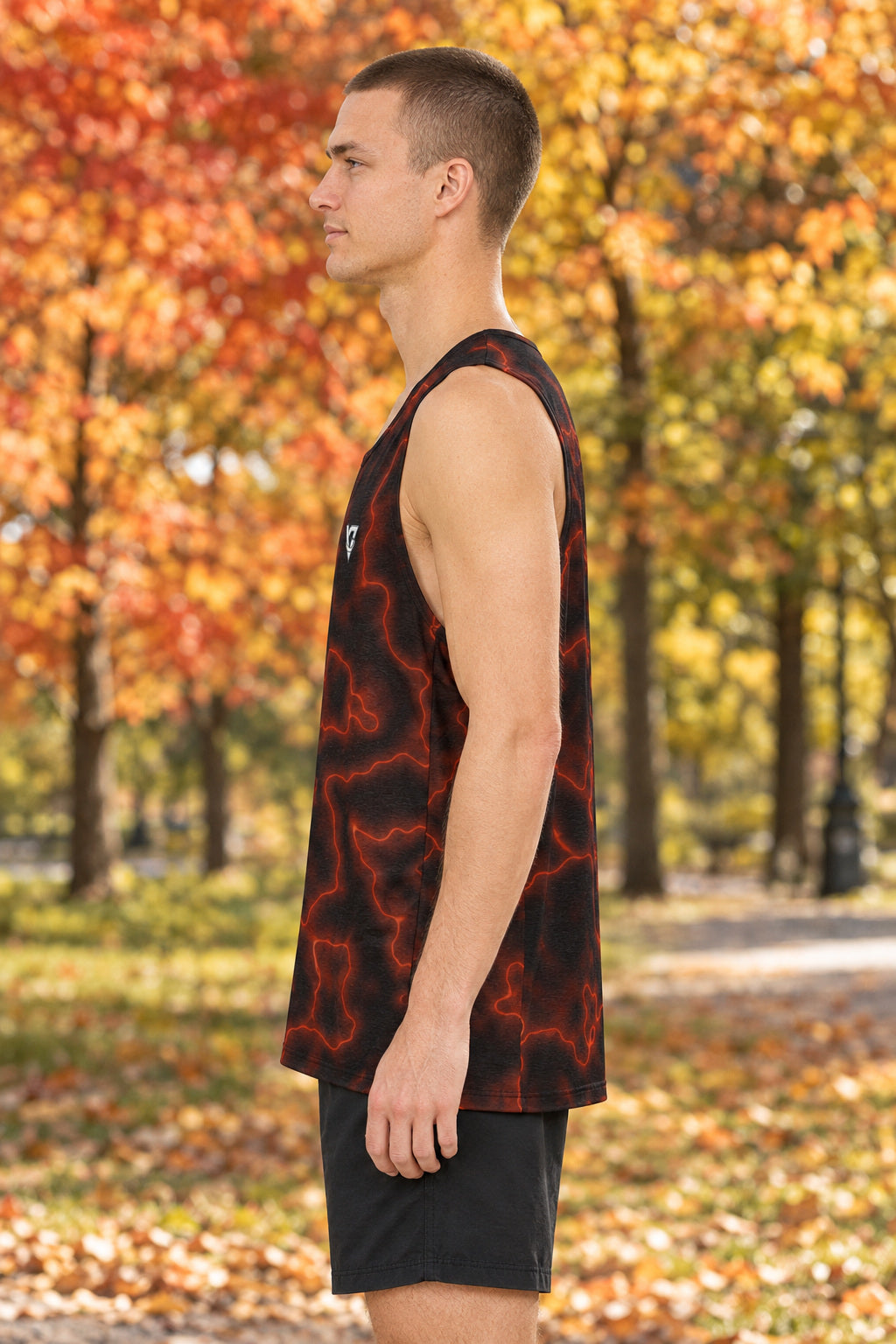 Rust Marble Men's Athletic Tank, AI-generated side-profile product mockup on a fictional adult model