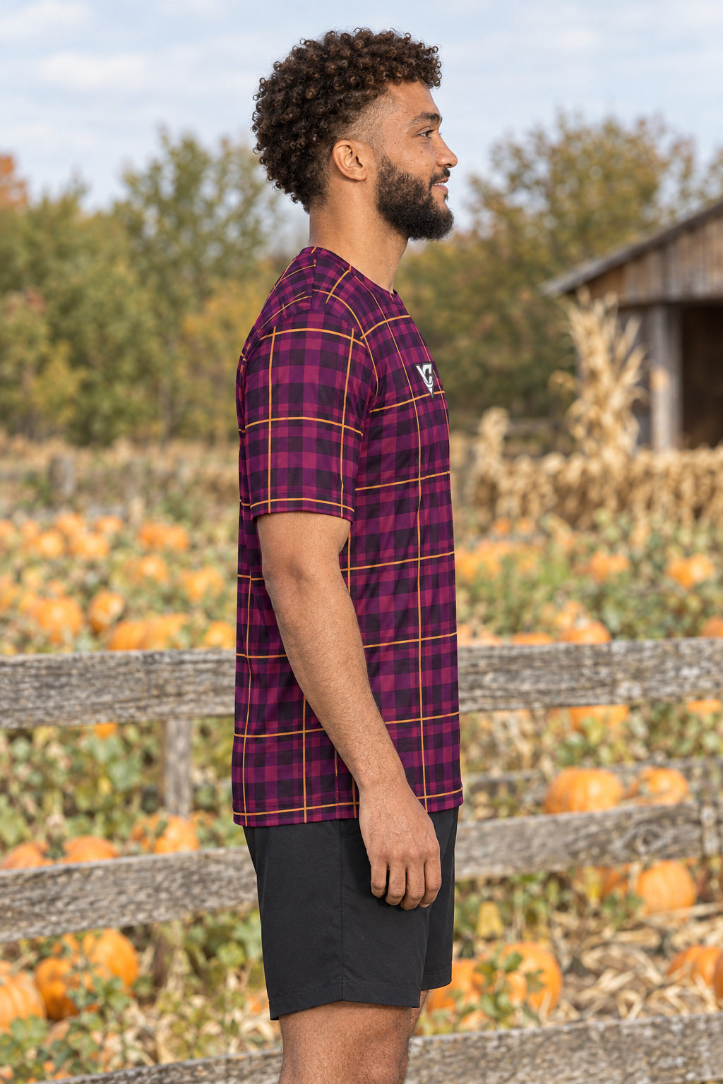 Plum Spice Flannel Multipurpose Athletic Shirt, AI-generated side-profile product mockup on a fictional adult model