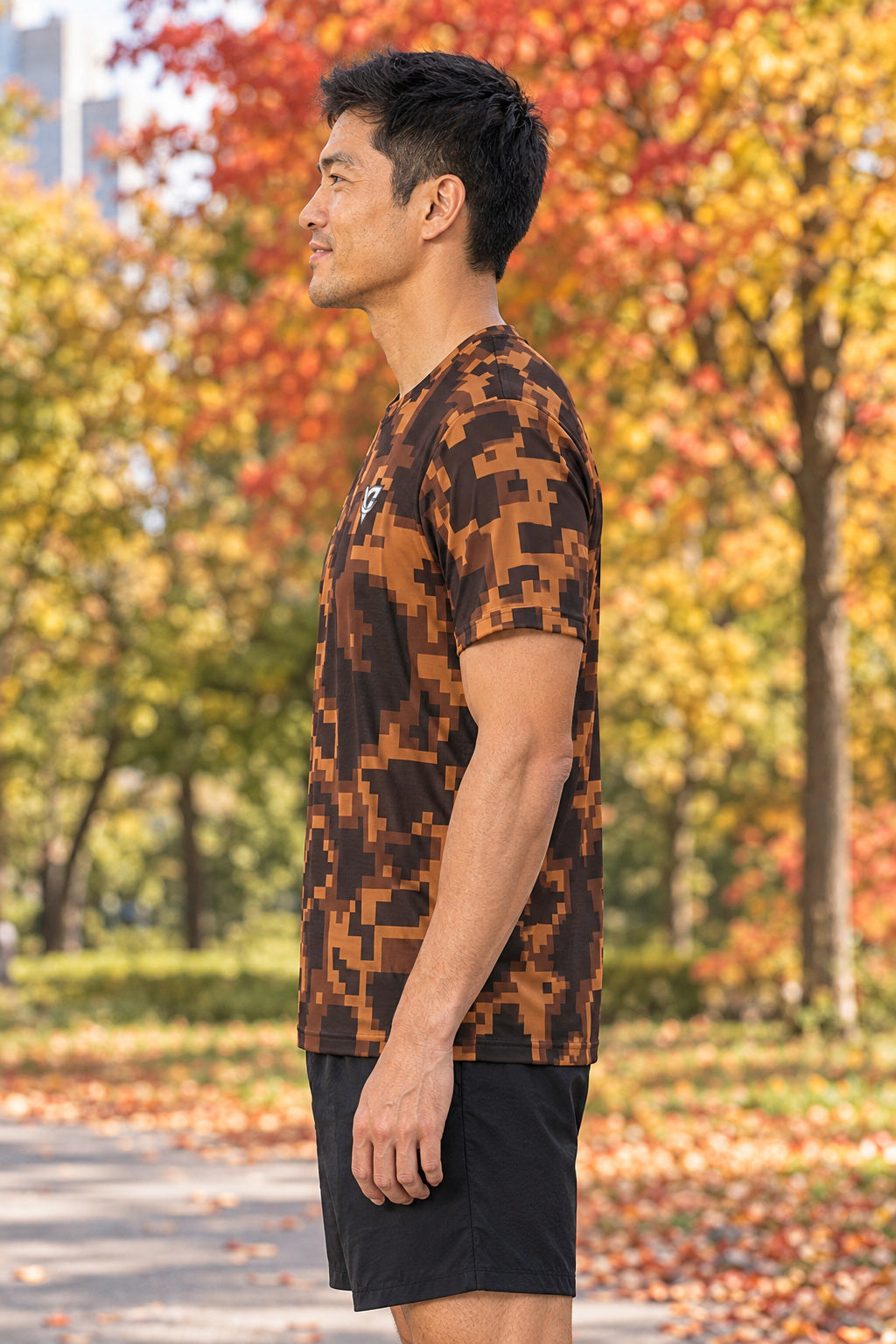 Chestnut Digital Camo Multipurpose Athletic Shirt, AI-generated side-profile product mockup on a fictional adult model