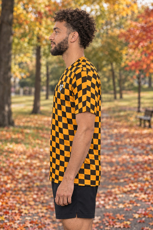 Amber Warp Check Multipurpose Athletic Shirt, AI-generated side-profile product mockup on a fictional adult model