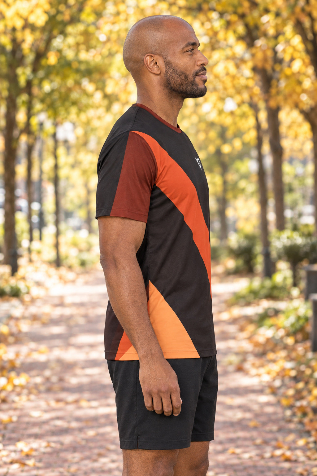 Rust Shard Multipurpose Athletic Shirt, AI-generated side-profile product mockup on a fictional adult model