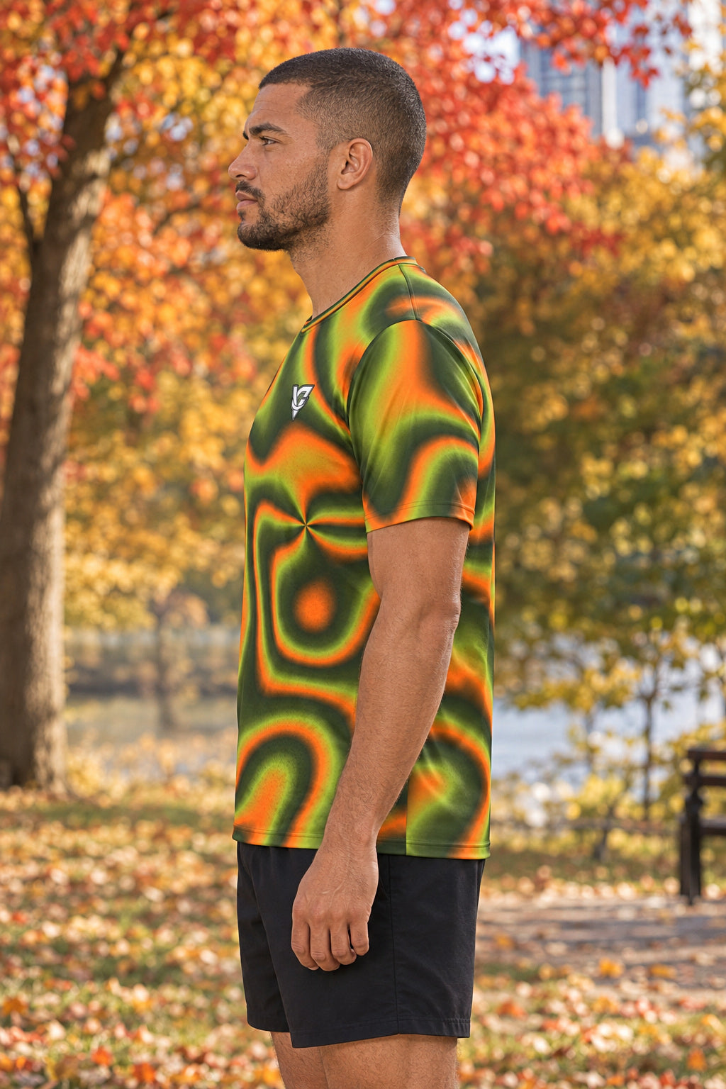 Moss Flame Tie-Dye Multipurpose Athletic Shirt, AI-generated side-profile product mockup on a fictional adult model