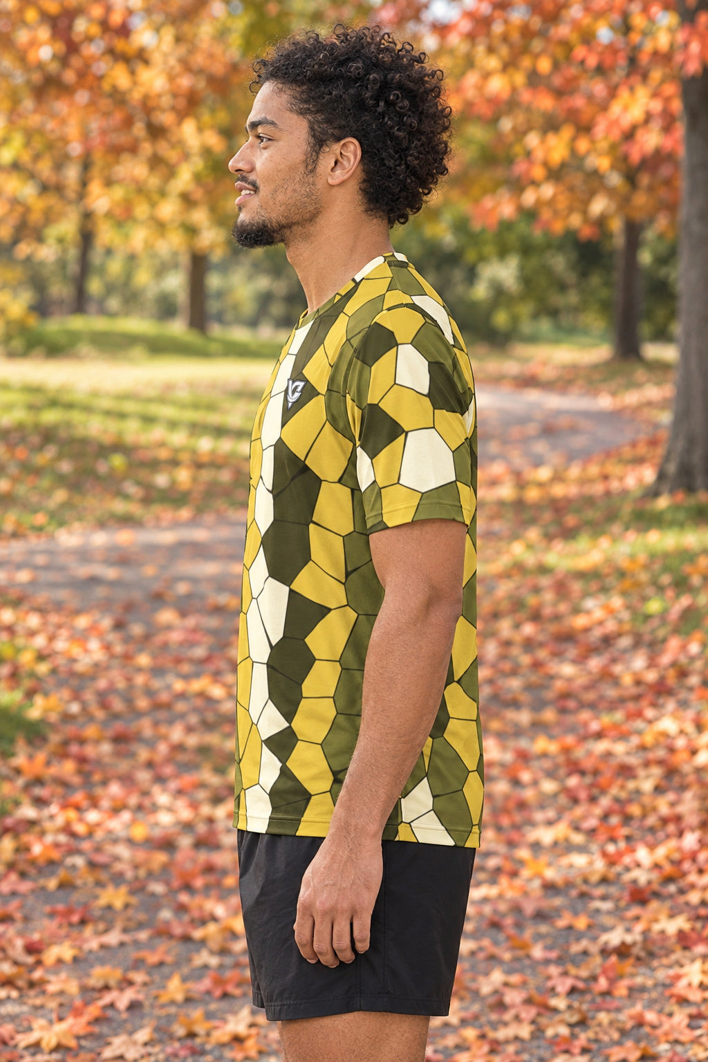 Hayride Mosaic Multipurpose Athletic Shirt, AI-generated side-profile product mockup on a fictional adult model