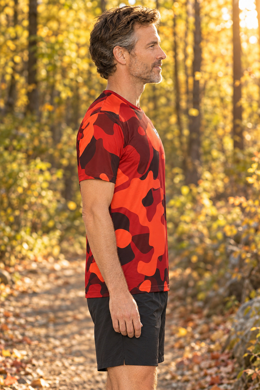 Maple Camo Multipurpose Athletic Shirt, AI-generated side-profile product mockup on a fictional adult model
