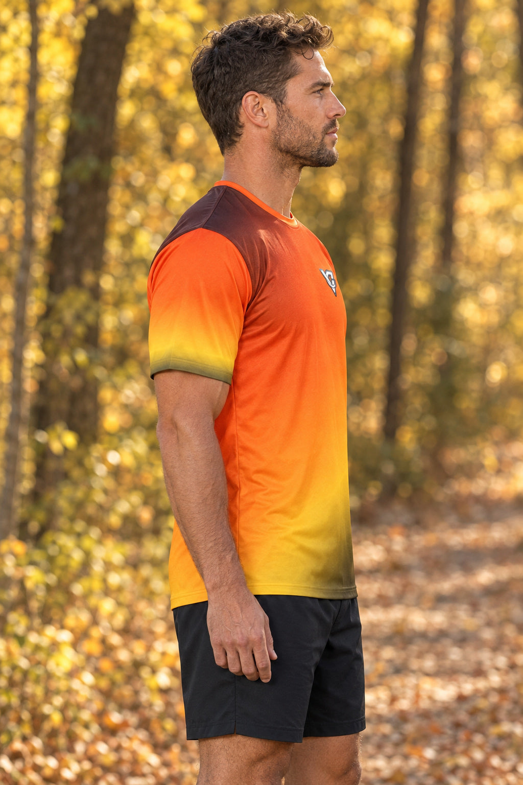 Bonfire Ombre Multipurpose Athletic Shirt, AI-generated side-profile product mockup on a fictional adult model