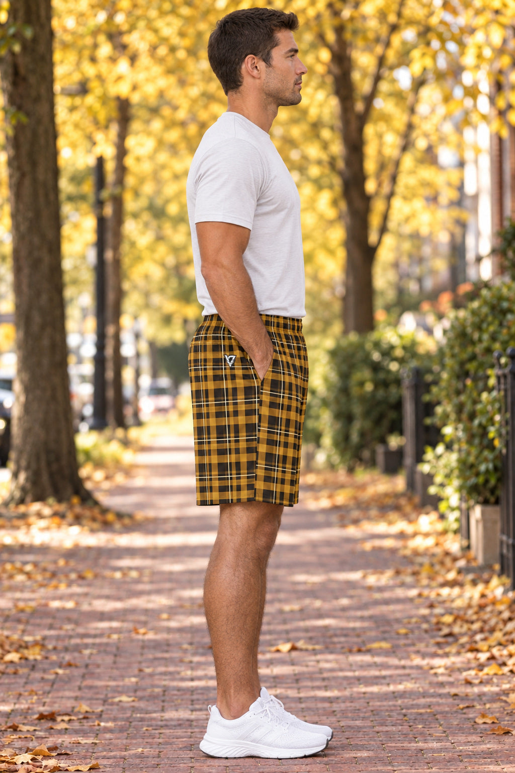Men's Harvest Gold Flannel Performance Jogger Athletic Shorts with Pockets, AI-generated side-profile product mockup on a fictional adult model