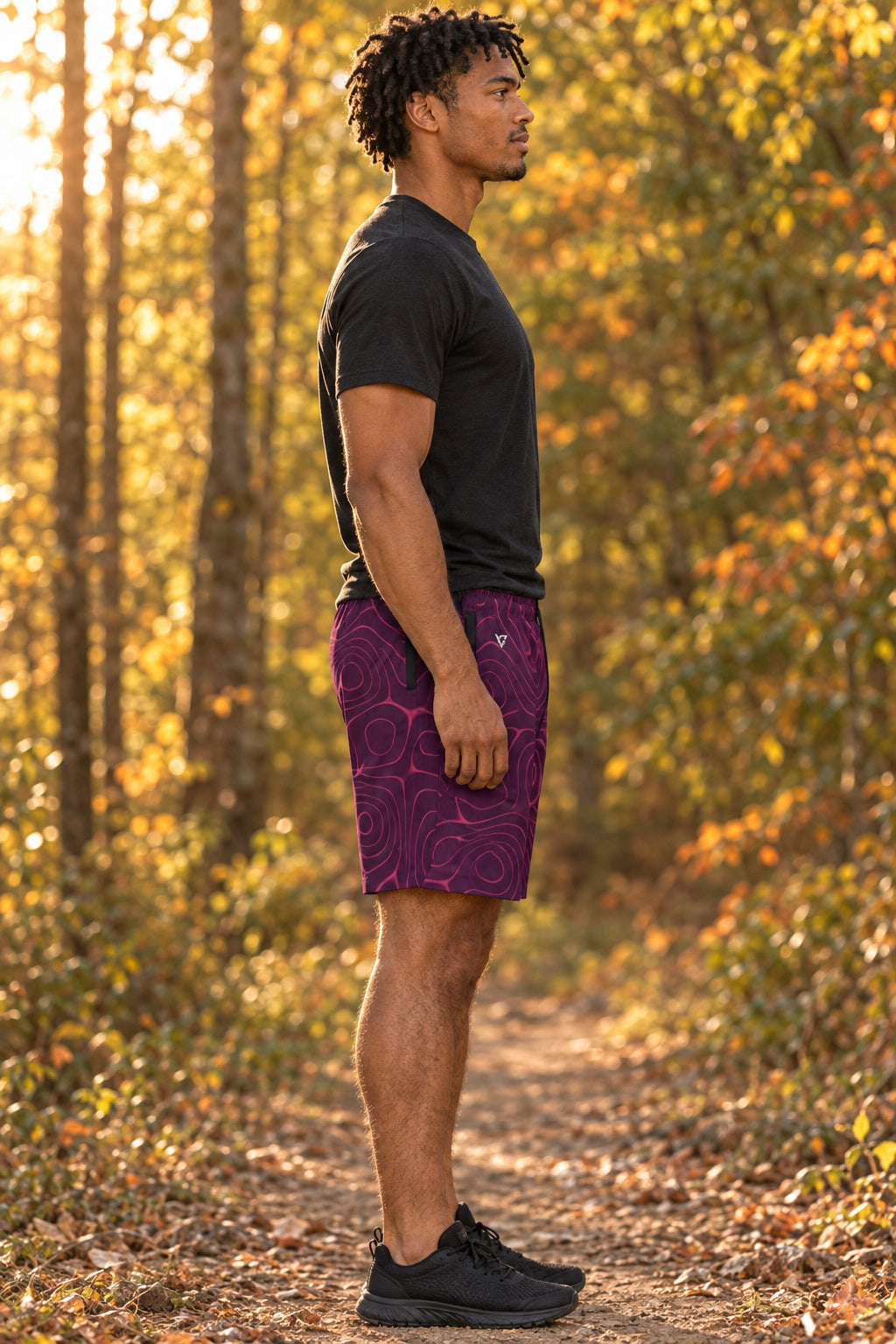 Men's Plum Spice Topo Performance Jogger Athletic Shorts with Pockets, AI-generated side-profile product mockup on a fictional adult model