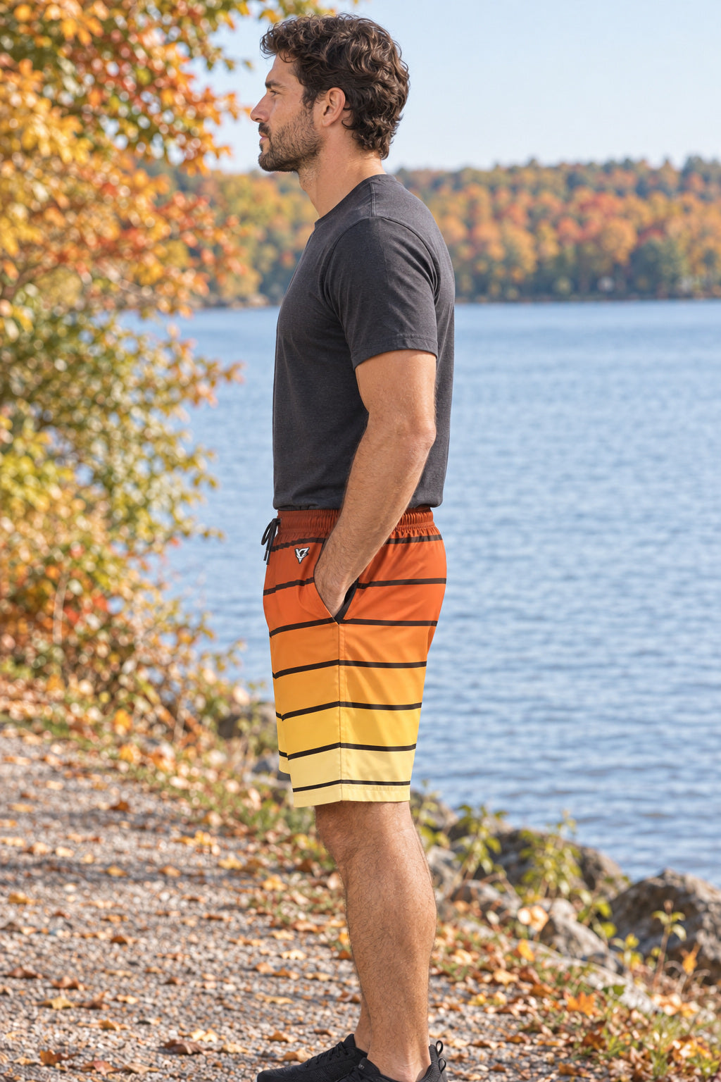 Men's Golden Hour Horizon Performance Jogger Athletic Shorts with Pockets, AI-generated side-profile product mockup on a fictional adult model