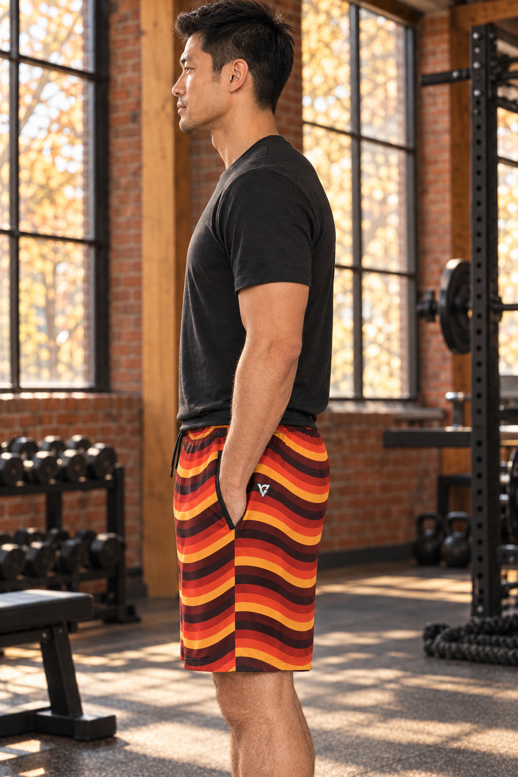 Men's Maple Wave Performance Jogger Athletic Shorts with Pockets, AI-generated side-profile product mockup on a fictional adult model