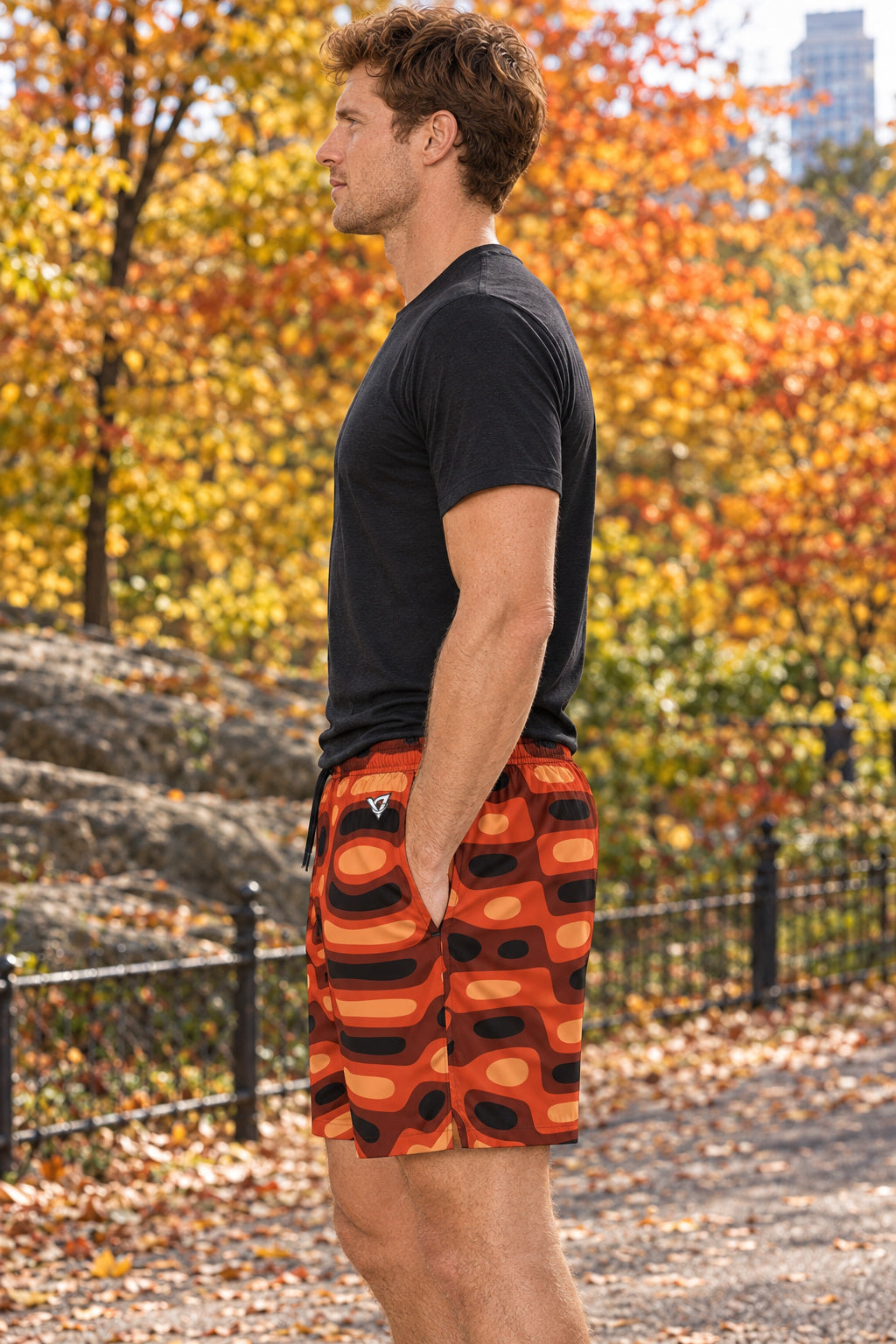 Men's Rust Ripple Performance Jogger Athletic Shorts with Pockets, AI-generated side-profile product mockup on a fictional adult model