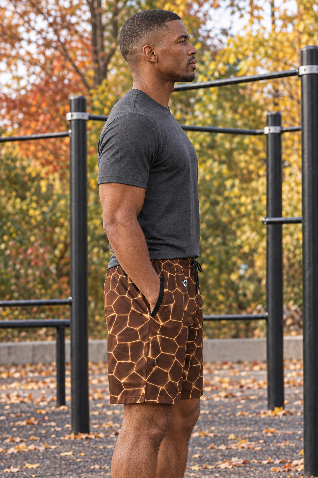 Men's Chestnut Rift Performance Jogger Athletic Shorts with Pockets, AI-generated side-profile product mockup on a fictional adult model
