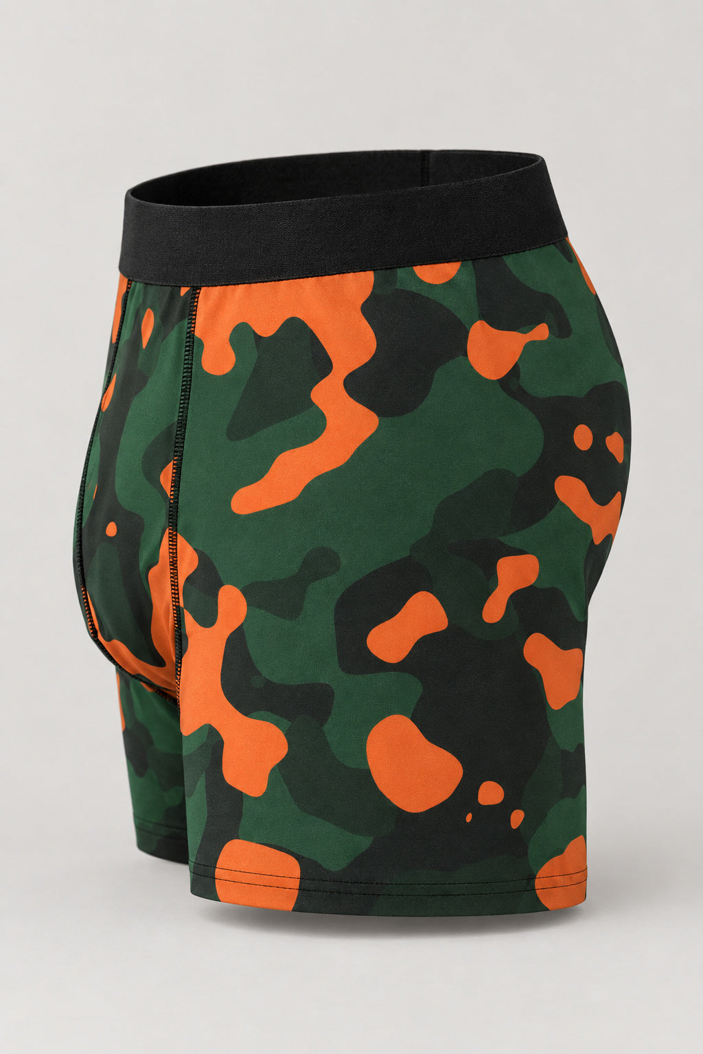 Evergreen Ember Camo Men's Boxer Briefs — Performance Underwear, AI-generated product-only studio side view
