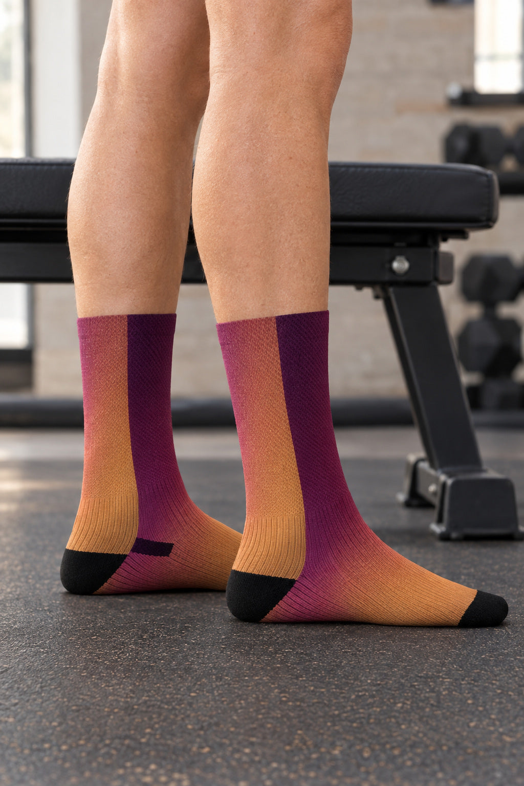 Plum Spice Ombre Athletic Crew Socks, AI-generated side-profile product mockup on a fictional adult model