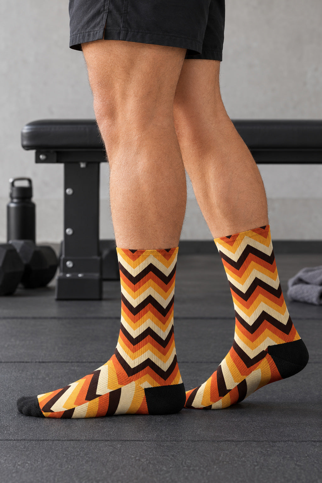 Golden Hour Chevron Athletic Crew Socks, AI-generated side-profile product mockup on a fictional adult model