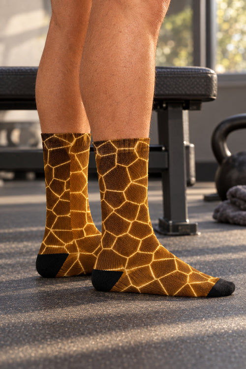 Amber Rift Athletic Crew Socks, AI-generated side-profile product mockup on a fictional adult model