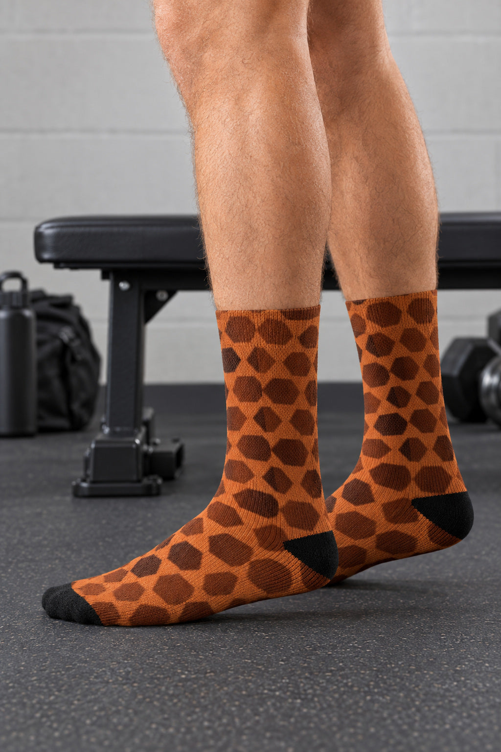 Cinnamon Hex Grid Athletic Crew Socks, AI-generated side-profile product mockup on a fictional adult model