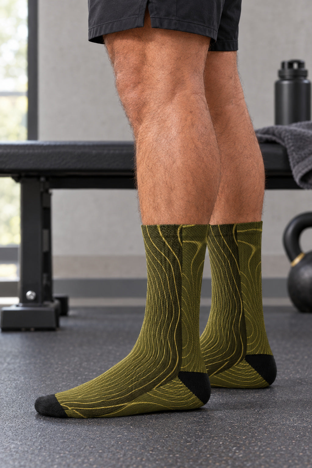 Hayride Topo Athletic Crew Socks, AI-generated side-profile product mockup on a fictional adult model