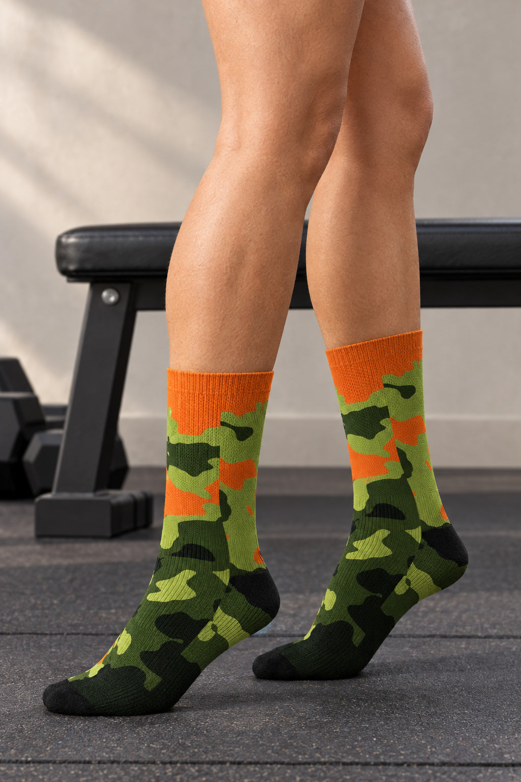 Moss Flame Magma Athletic Crew Socks, AI-generated side-profile product mockup on a fictional adult model