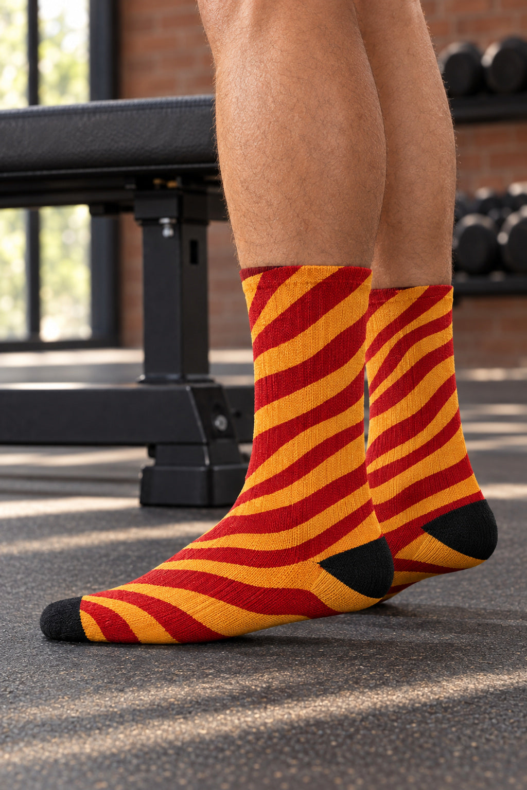 Sunset Orchard Zebra Athletic Crew Socks, AI-generated side-profile product mockup on a fictional adult model
