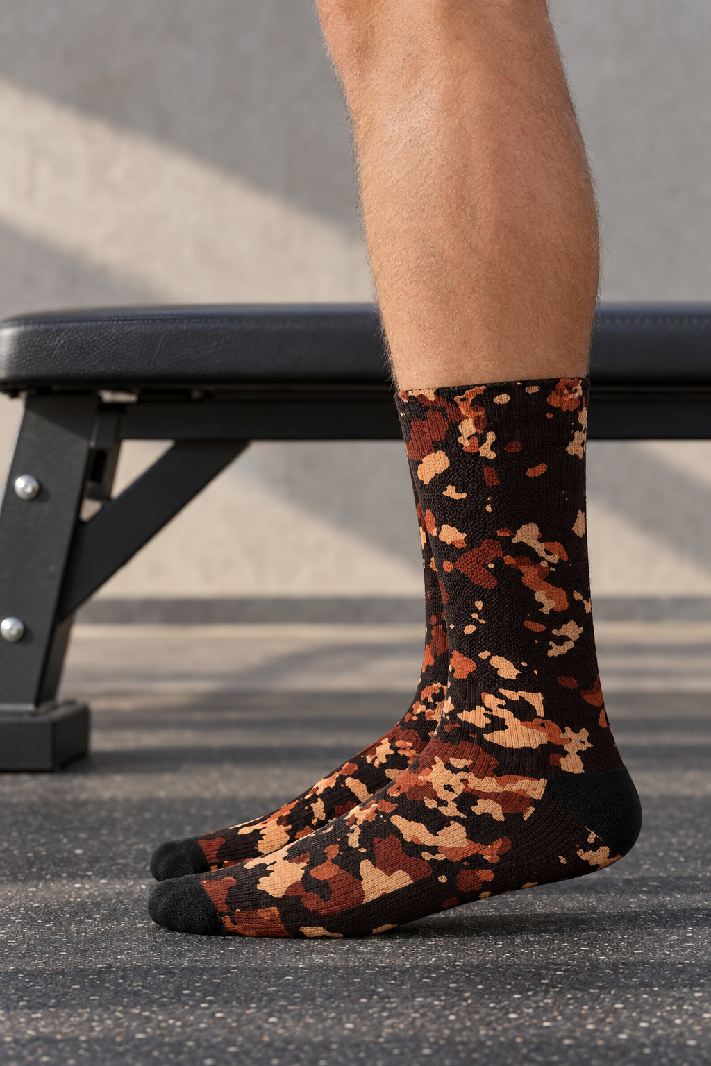 Auburn Splatter Athletic Crew Socks, AI-generated side-profile product mockup on a fictional adult model