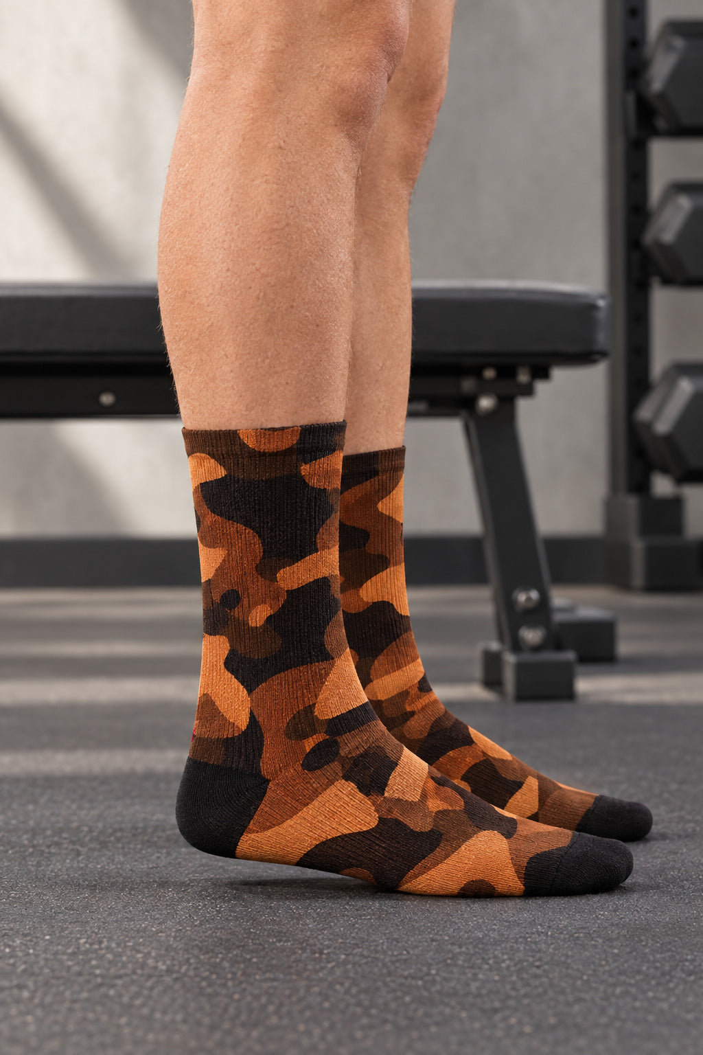 Copper Camo Athletic Crew Socks, AI-generated side-profile product mockup on a fictional adult model