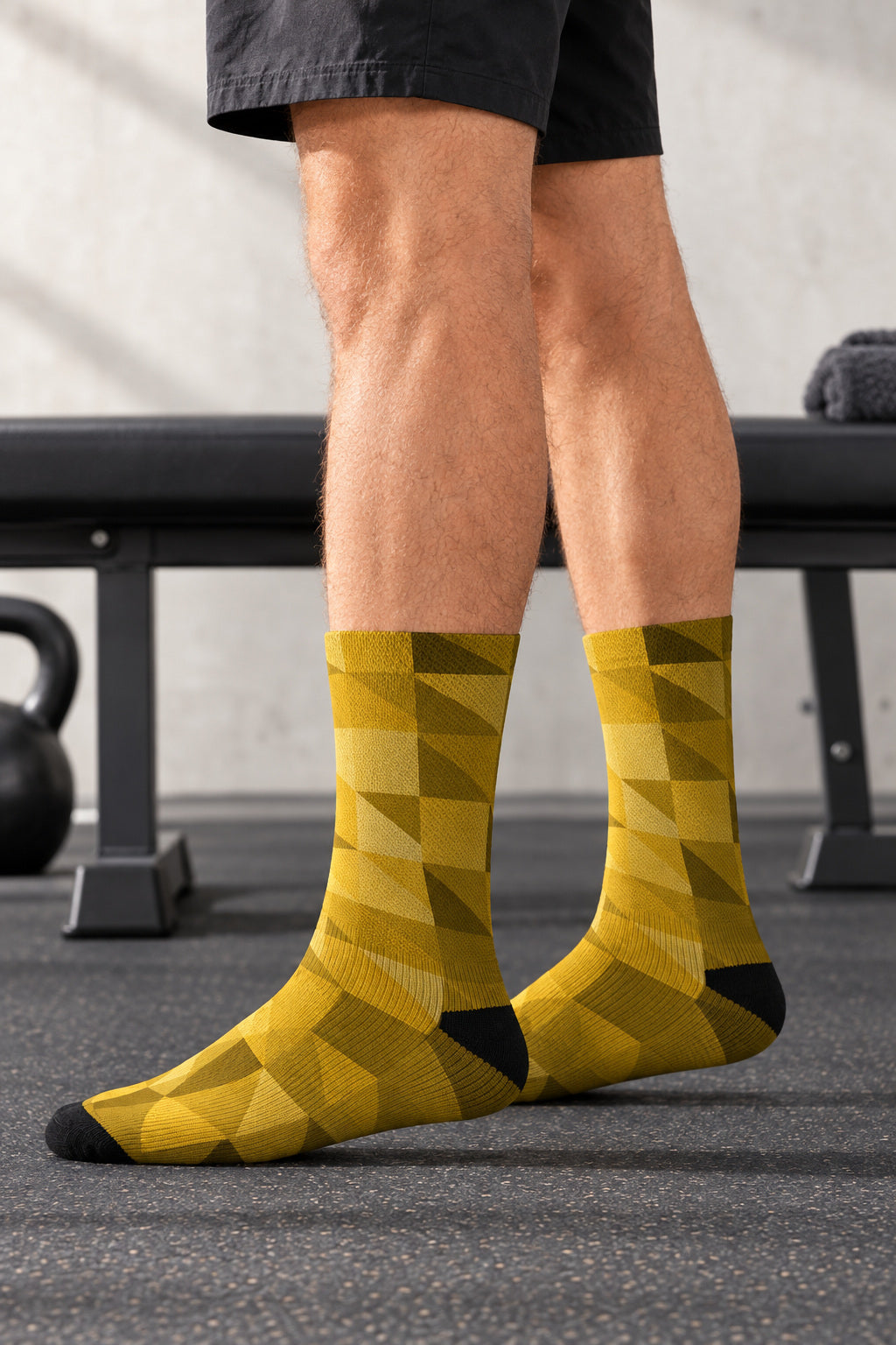 Mustard Low-Poly Athletic Crew Socks, AI-generated side-profile product mockup on a fictional adult model