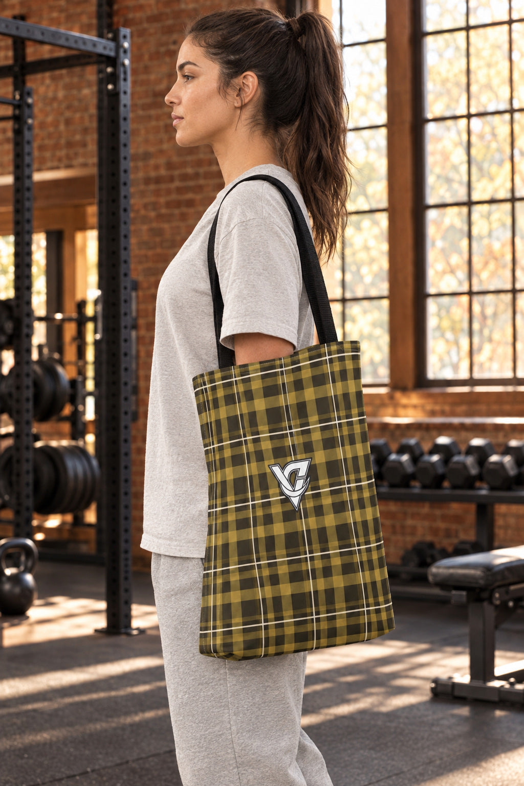 Hayride Flannel Tote Bag — All-Over Print Gym & Everyday Tote, AI-generated side-profile product mockup on a fictional adult model
