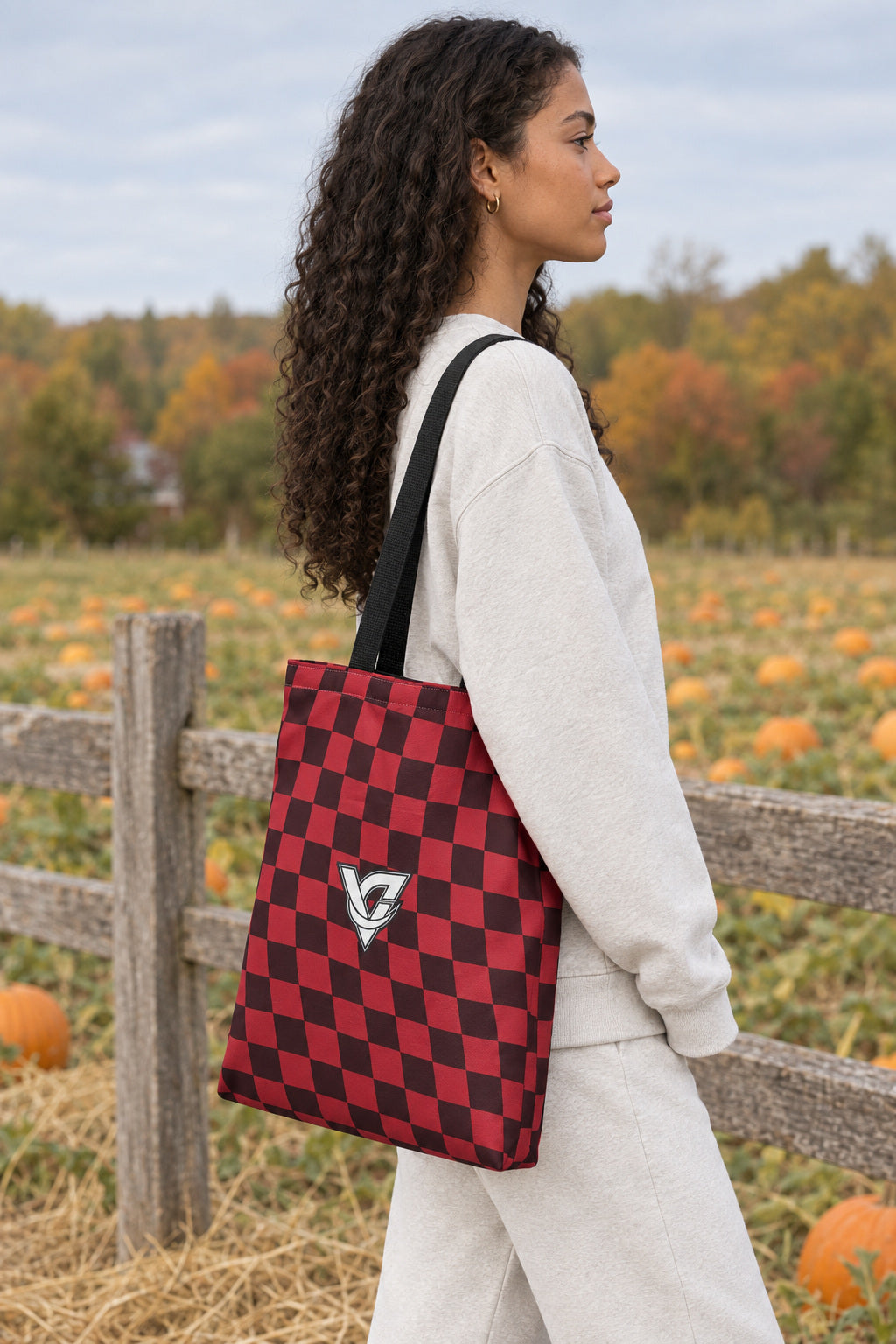Spiced Wine Warp Check Tote Bag — All-Over Print Gym & Everyday Tote, AI-generated side-profile product mockup on a fictional adult model