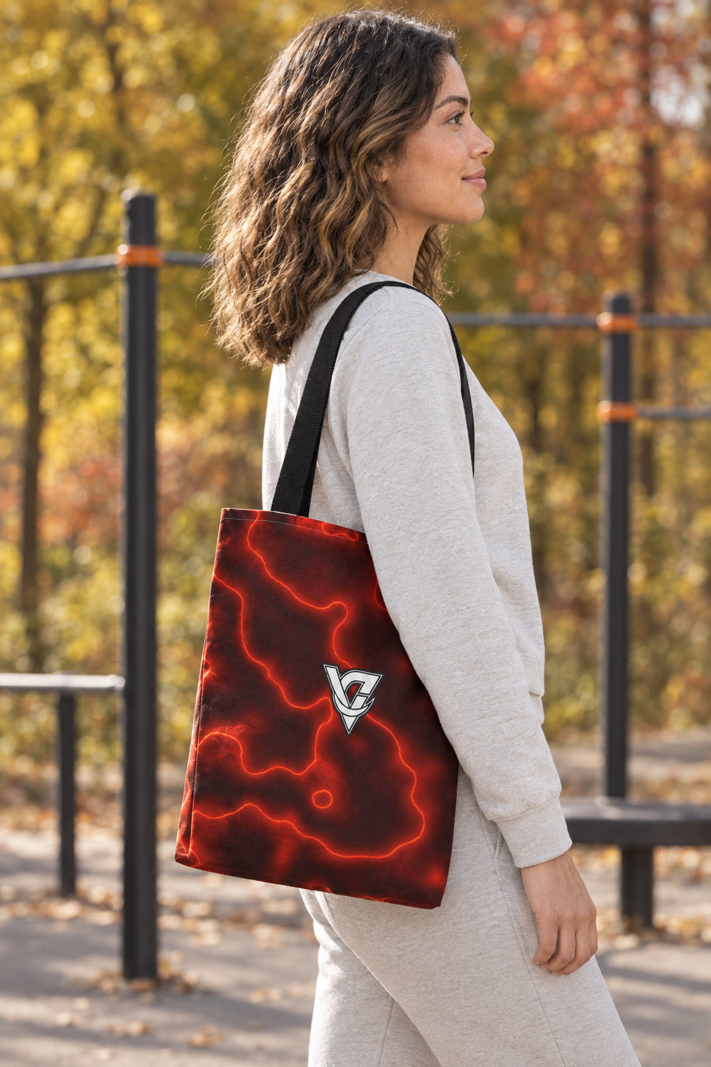 Maple Marble Tote Bag — All-Over Print Gym & Everyday Tote, AI-generated side-profile product mockup on a fictional adult model