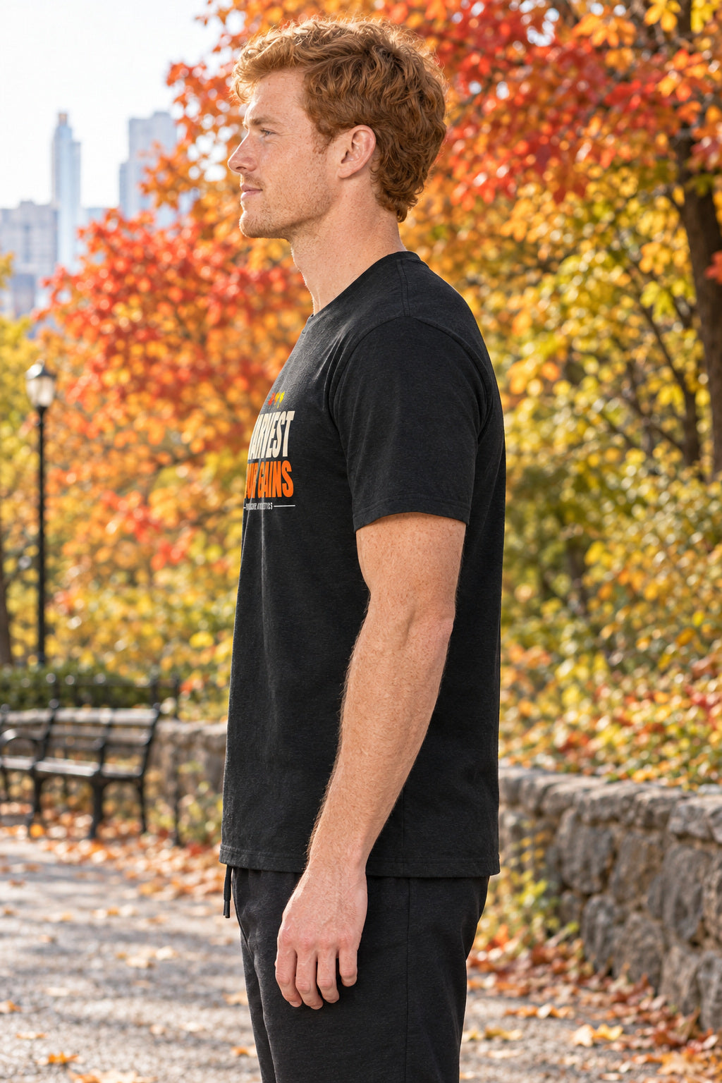 Harvest Your Gains | Men's Graphic Gym T-Shirt, AI-generated side-profile product mockup on a fictional adult model