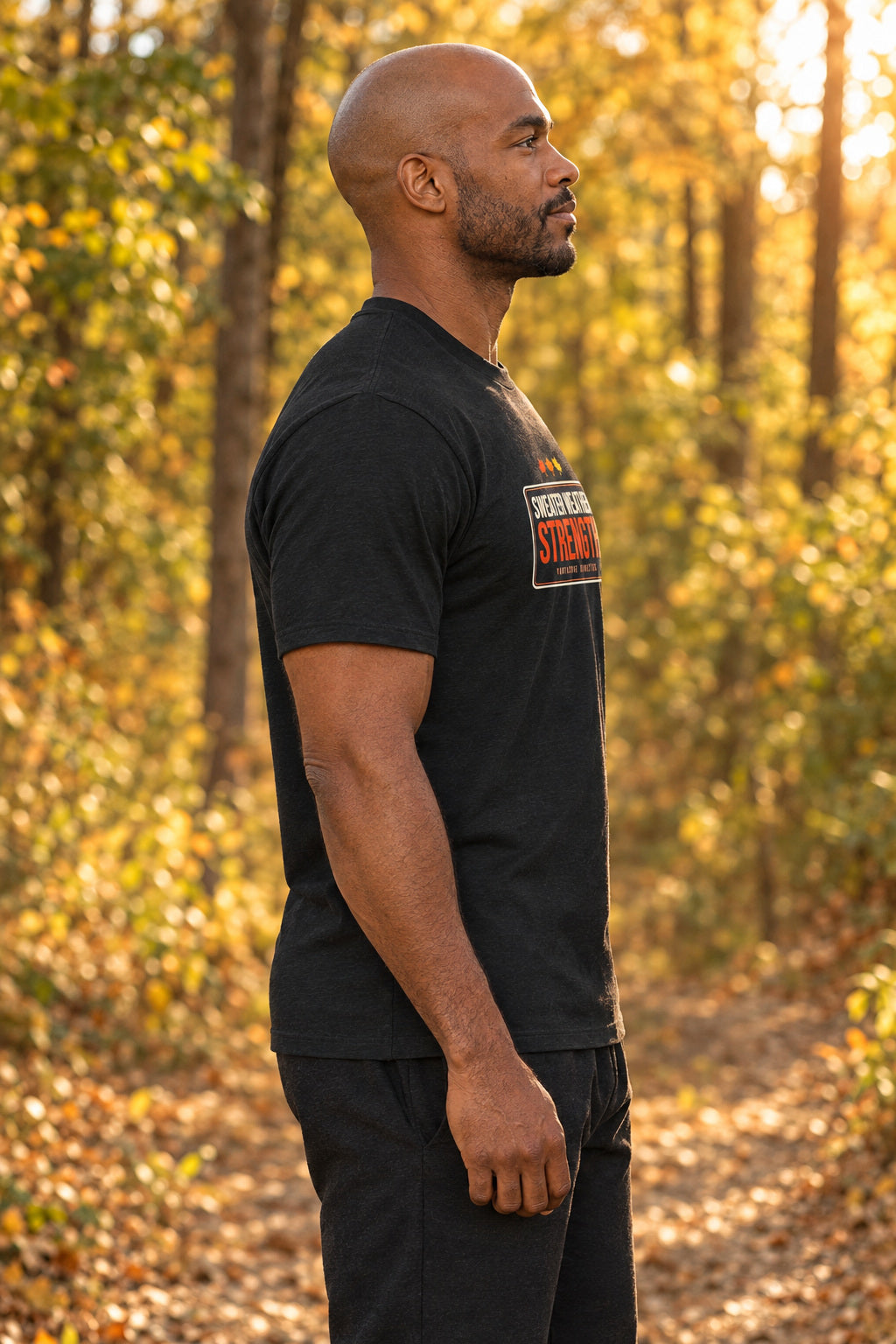 Sweater Weather Strength | Men's Graphic Gym T-Shirt, AI-generated side-profile product mockup on a fictional adult model