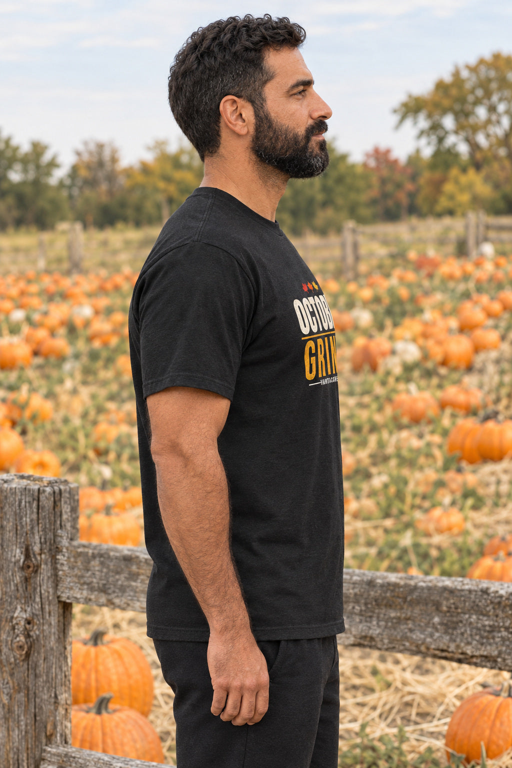 October Grind | Men's Graphic Gym T-Shirt, AI-generated side-profile product mockup on a fictional adult model