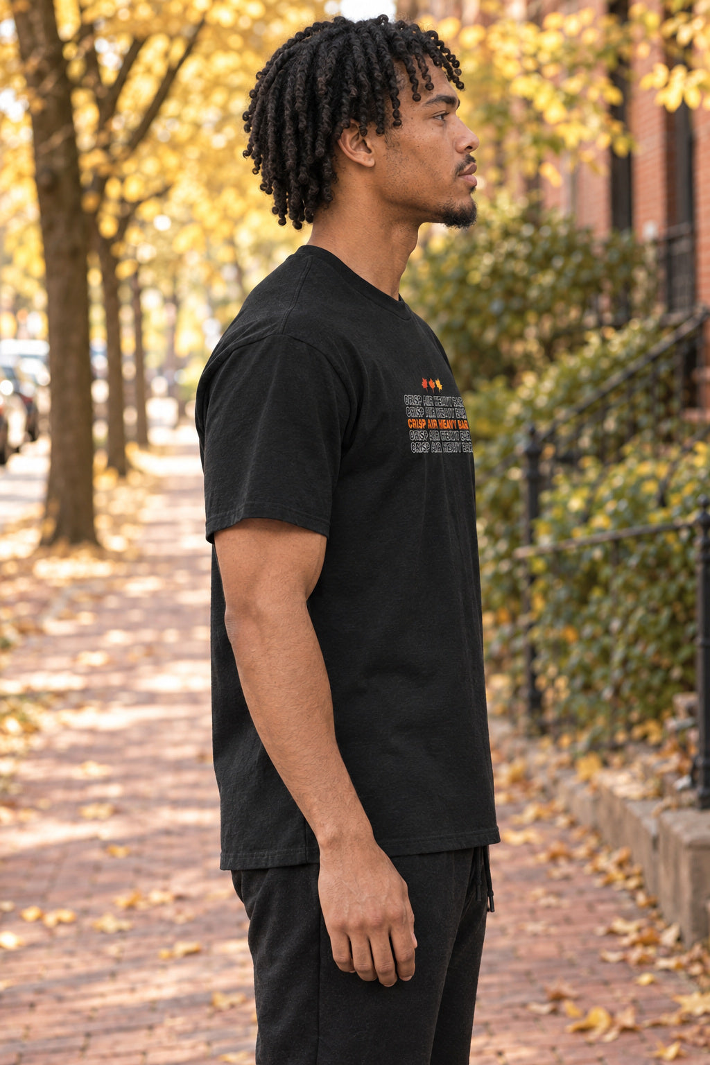 Crisp Air Heavy Bar | Men's Graphic Gym T-Shirt, AI-generated side-profile product mockup on a fictional adult model