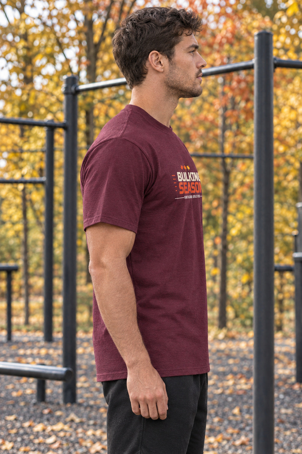 Bulking Season | Men's Graphic Gym T-Shirt, AI-generated side-profile product mockup on a fictional adult model