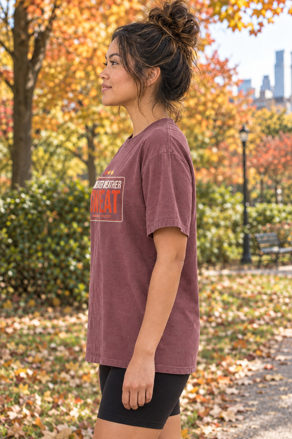 Sweater Weather Sweat | Women's Garment-Dyed Graphic Tee, AI-generated side-profile product mockup on a fictional adult model