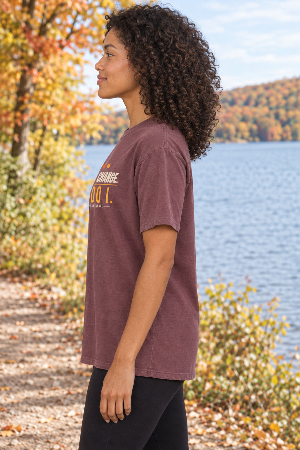 Leaves Change. So Do I. | Women's Garment-Dyed Graphic Tee, AI-generated side-profile product mockup on a fictional adult model