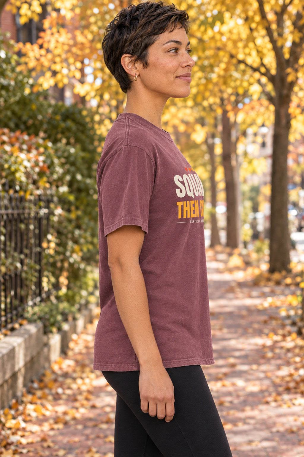 Squats Then Cider | Women's Garment-Dyed Graphic Tee, AI-generated side-profile product mockup on a fictional adult model