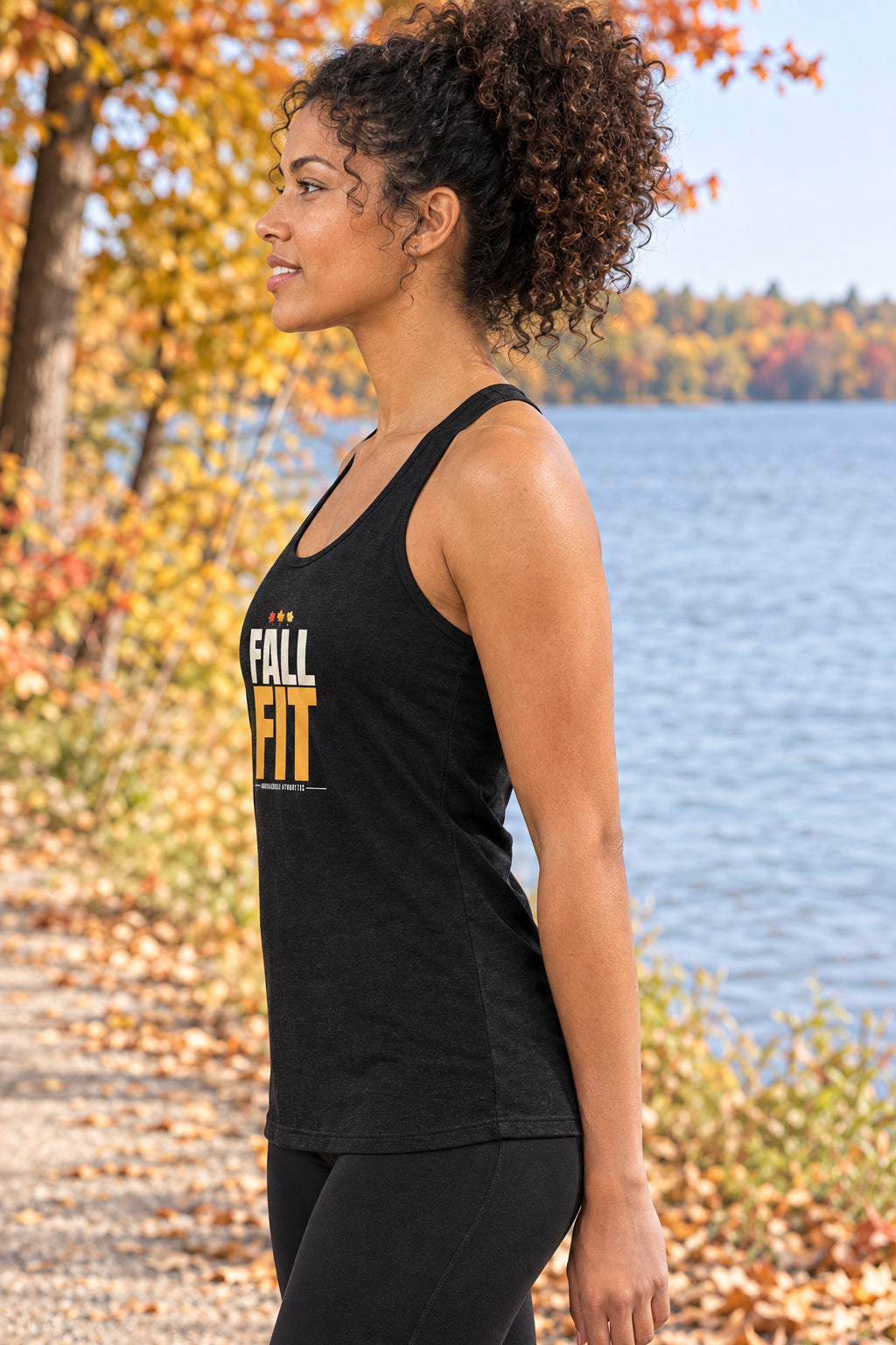 Fall Fit | Women's Performance Racerback Tank, AI-generated side-profile product mockup on a fictional adult model