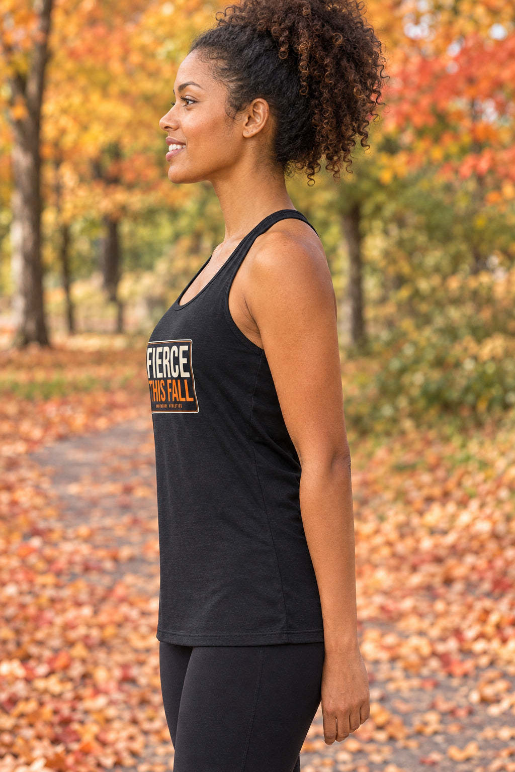 Fierce This Fall | Women's Performance Racerback Tank, AI-generated side-profile product mockup on a fictional adult model