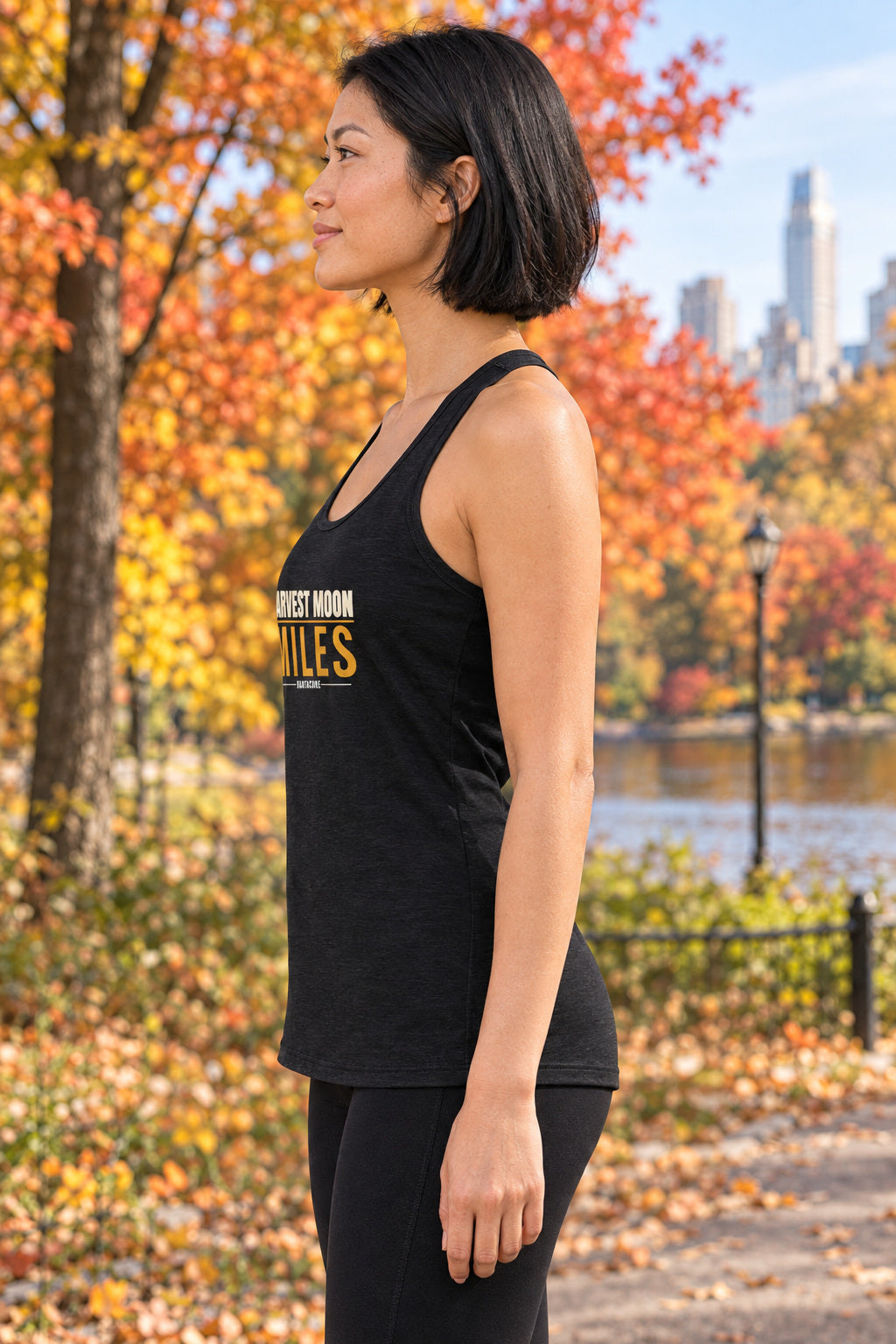 Harvest Moon Miles | Women's Performance Racerback Tank, AI-generated side-profile product mockup on a fictional adult model