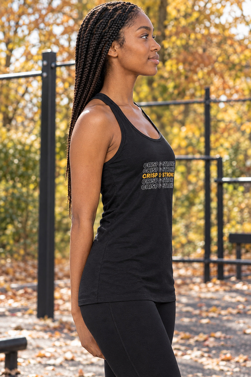 Crisp & Strong | Women's Performance Racerback Tank, AI-generated side-profile product mockup on a fictional adult model