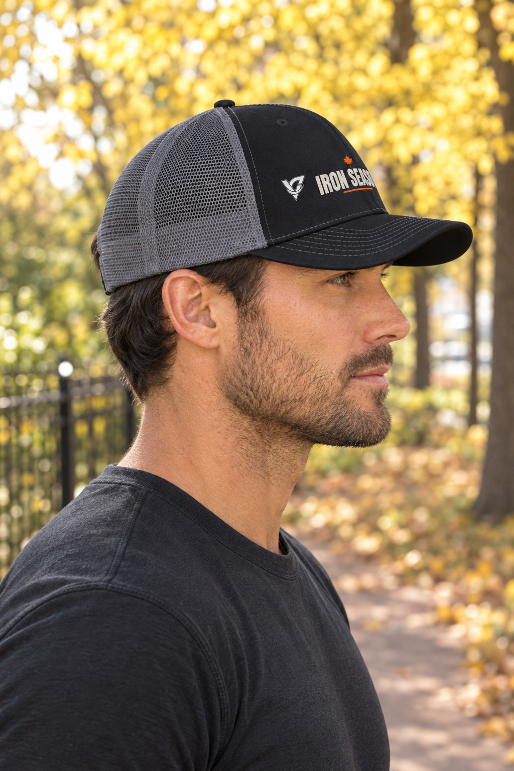 Iron Season Trucker Cap — Vantacore Snapback Hat, AI-generated side-profile product mockup on a fictional adult model