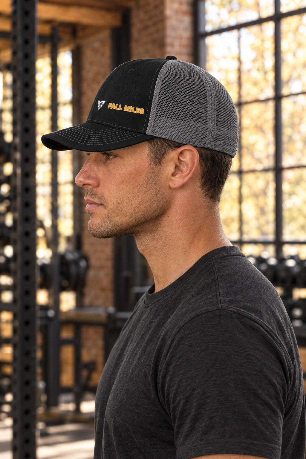 Fall Miles Trucker Cap — Vantacore Snapback Hat, AI-generated side-profile product mockup on a fictional adult model