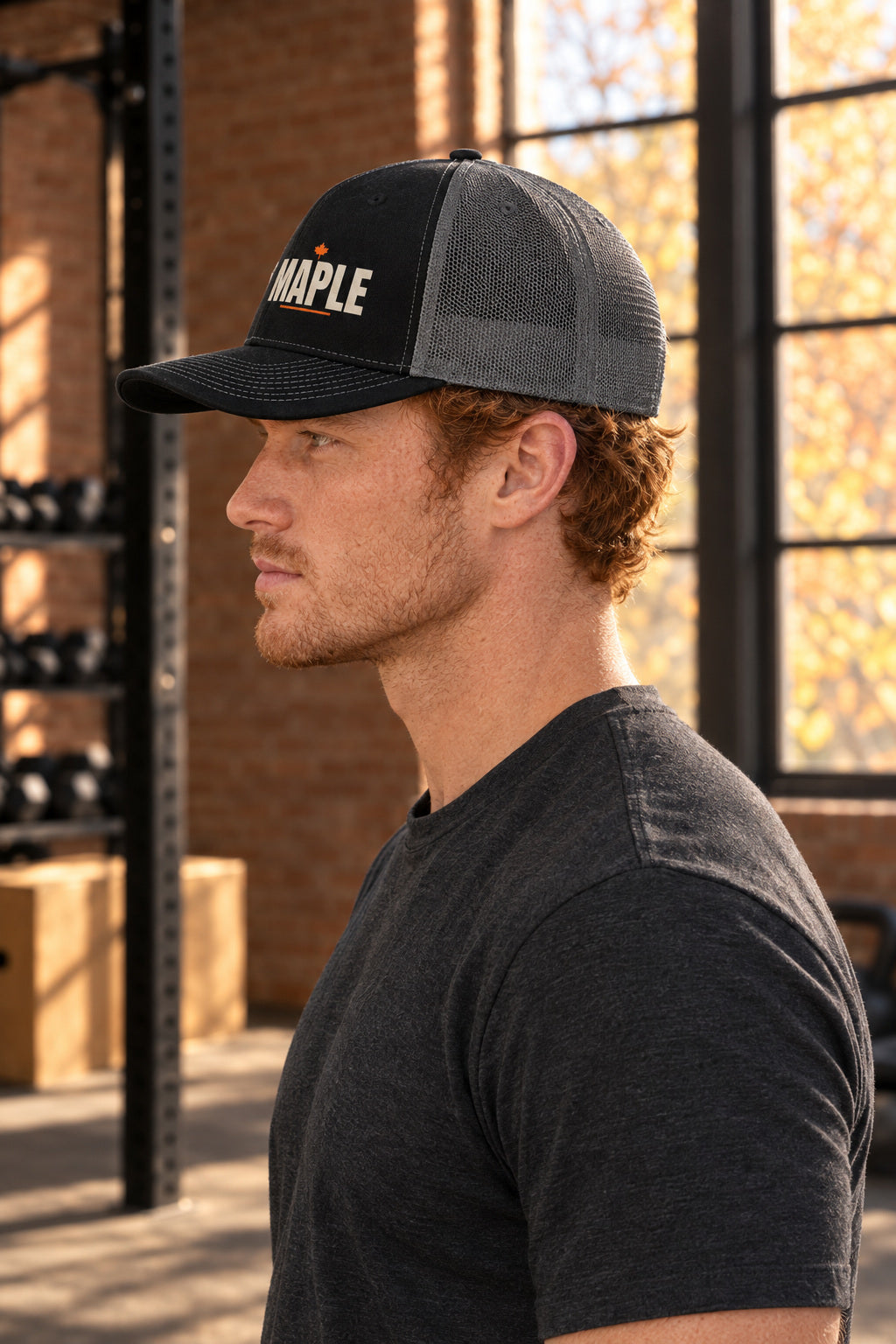 Maple Trucker Cap — Vantacore Snapback Hat, AI-generated side-profile product mockup on a fictional adult model
