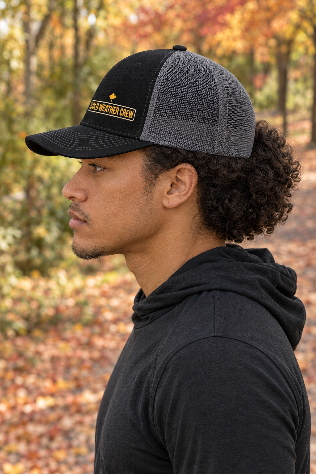 Cold Weather Crew Trucker Cap — Vantacore Snapback Hat, AI-generated side-profile product mockup on a fictional adult model