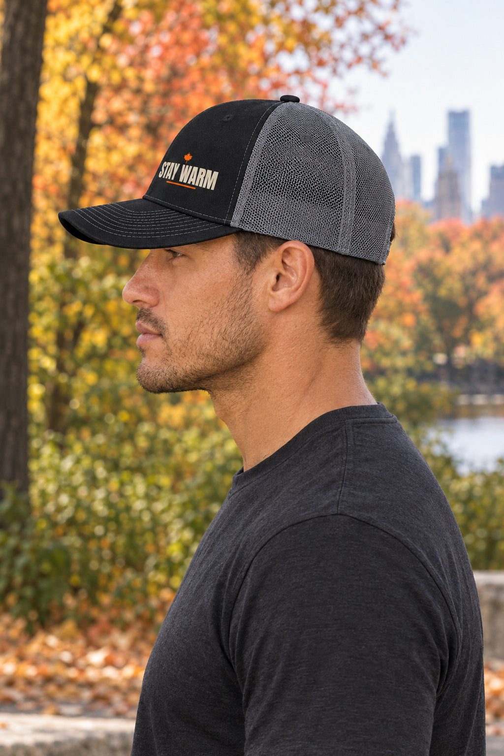Stay Warm Trucker Cap — Vantacore Snapback Hat, AI-generated side-profile product mockup on a fictional adult model