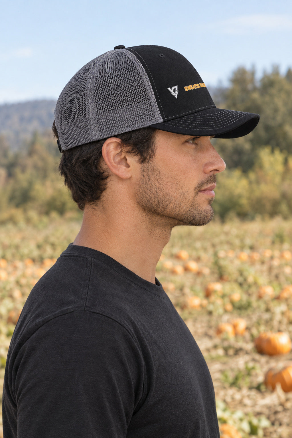 Sweater Season Trucker Cap — Vantacore Snapback Hat, AI-generated side-profile product mockup on a fictional adult model
